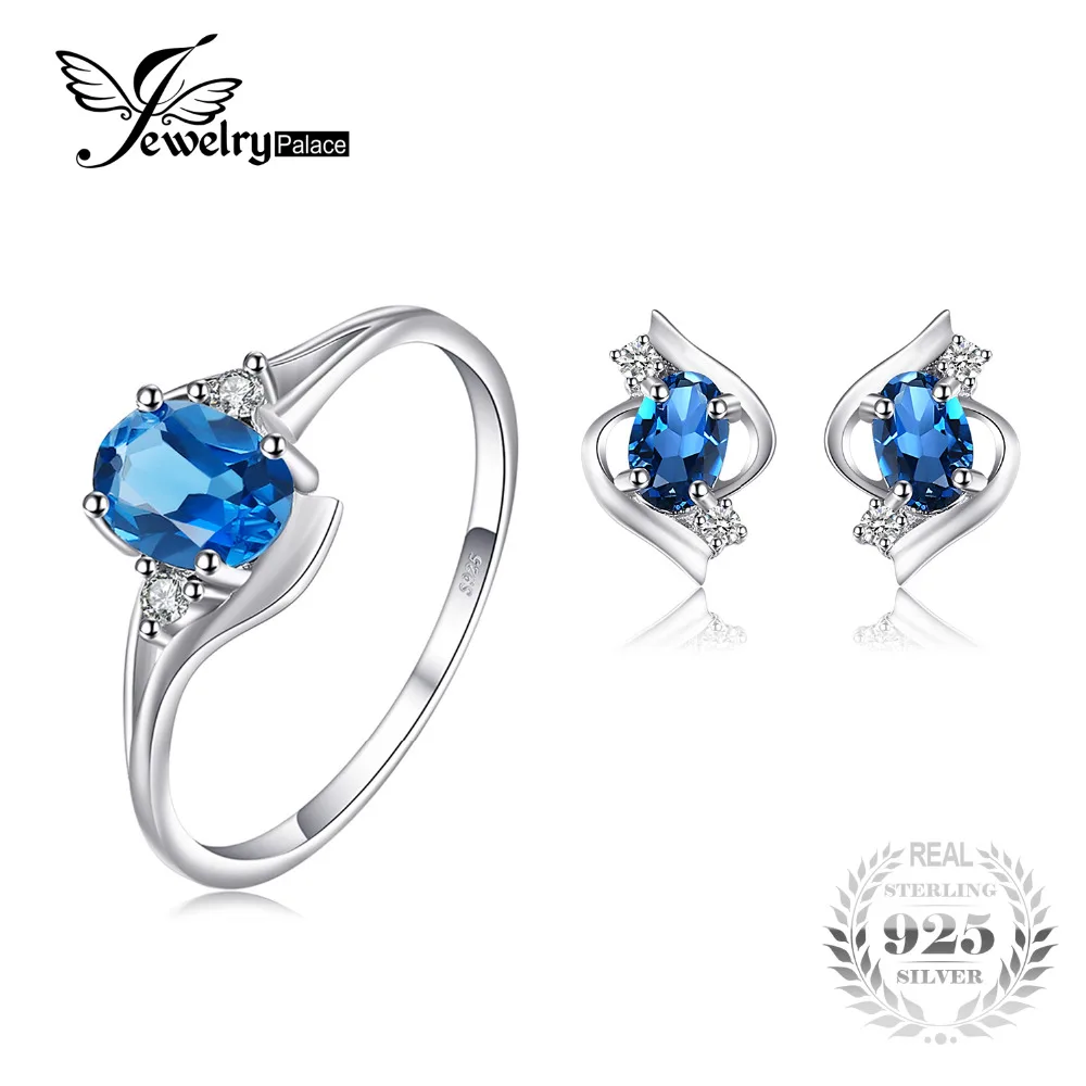 

Jewelrypalace Natural Blue Topaz 925 Sterling Silver Jewelry Set Brand Fine Jewelry Ring Earring Stud Fashion Engagement Wedding