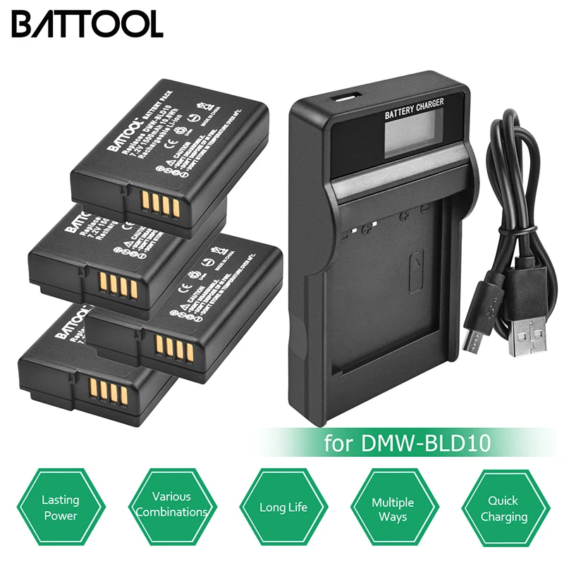 

BATTOOL 4pcs 1500mAh 7.2V Rechargeable Li-ion Battery + LCD Charger DMW-BLD10 DMW BLD10 for Panasonic DMW-BLD10 DMC-GX1