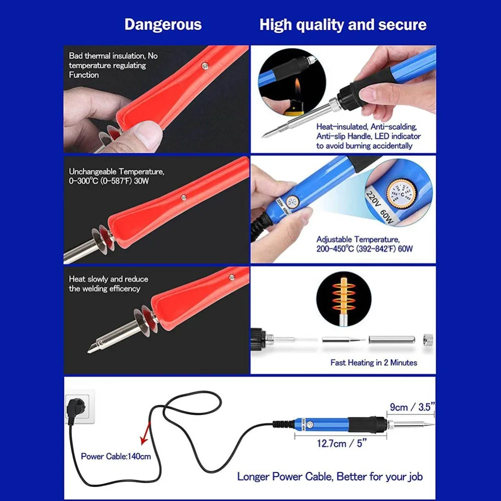 Электрический паяльник Комплект с наконечниками температура регулируемый ЕС вилка 220 в 60 Вт портативный сварочный ремонтный инструмент, плоскогубцы хобби нож