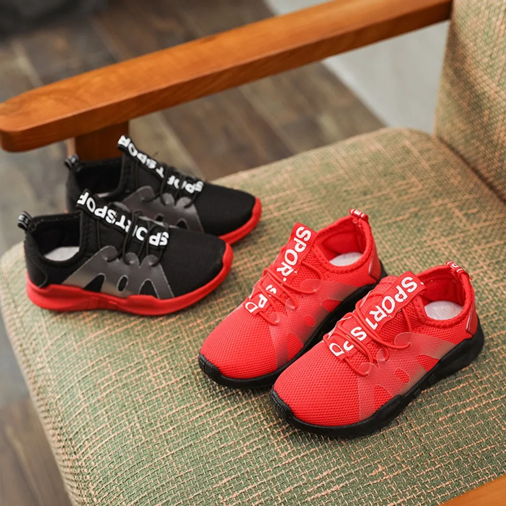 

Children Sport Shoes Casual Fashion Boys Girls Net Cloth Breathable Shoes Kids Sneakers Student Outdoor Running Shoes Red Black