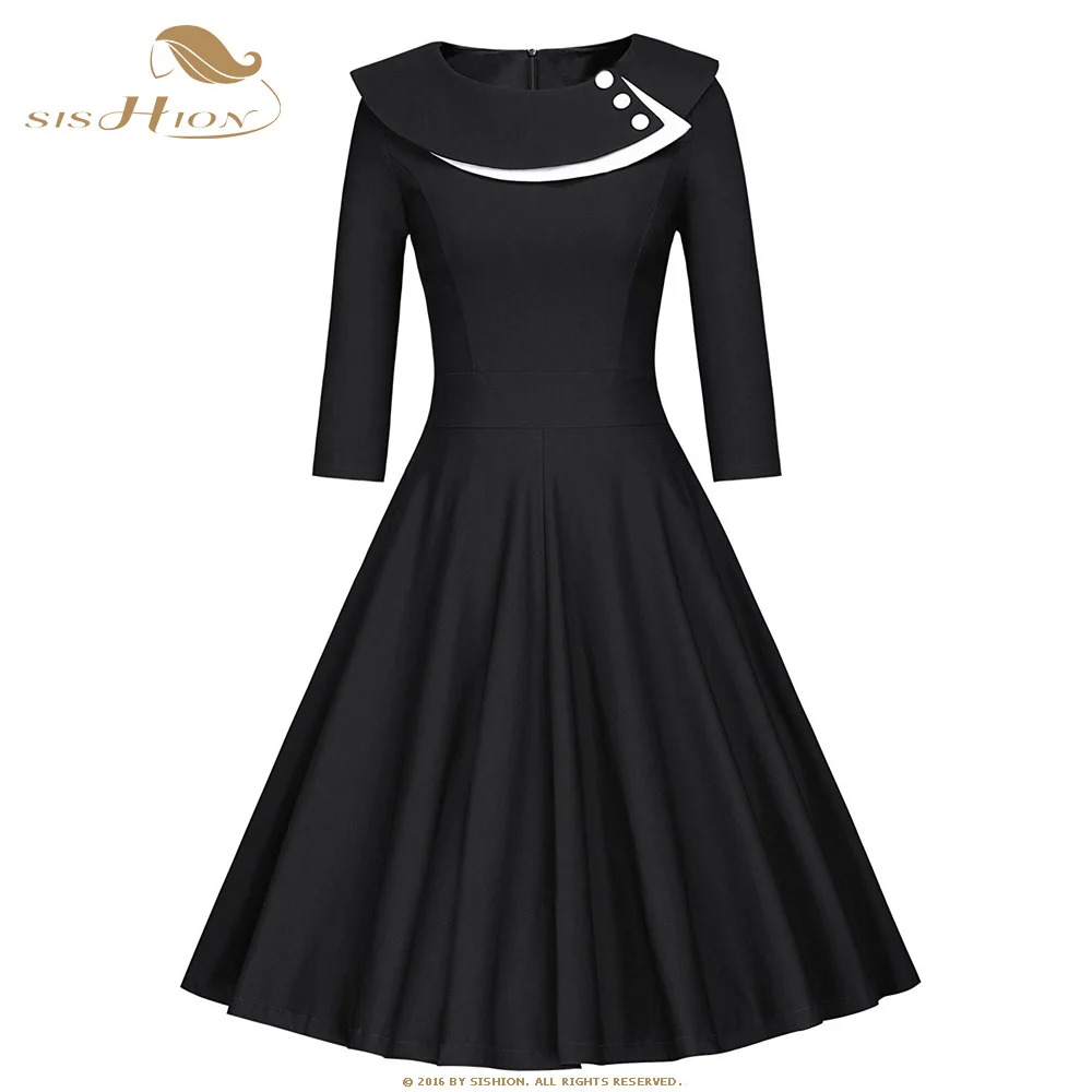 SISHION Осень Новое 50 S 60 S ретро Hepburn женское платье QY0201 с длинным рукавом однотонное ТРАПЕЦИЕВИДНОЕ свободное платье до колен плюс размер вечерние платья - Цвет: Black
