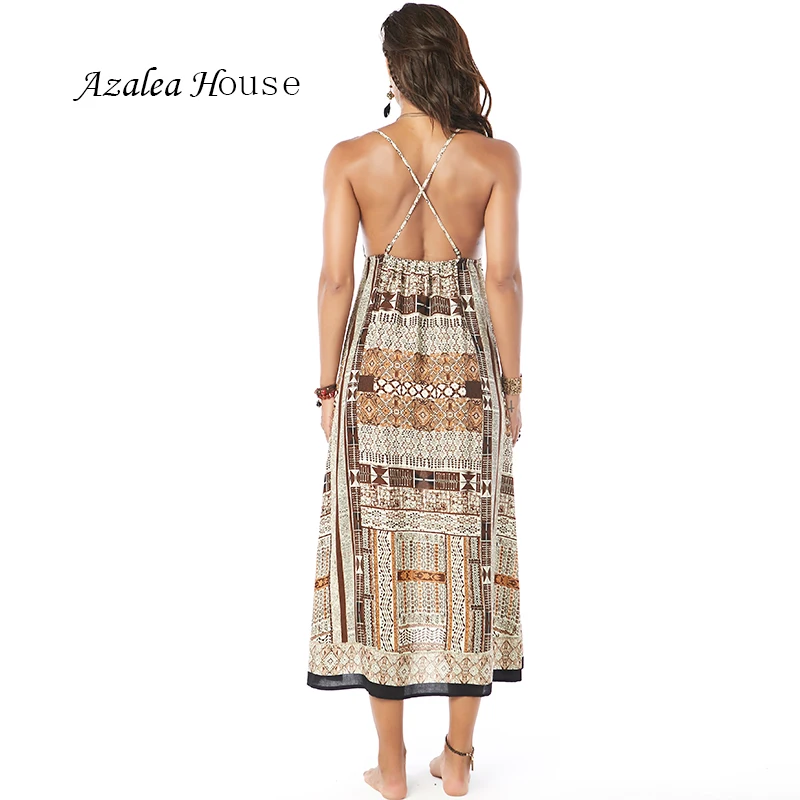 Azalea House Sexy Women Dress National African Style Mid Calf Loose Print Backless Cross Bandage Straped Dress