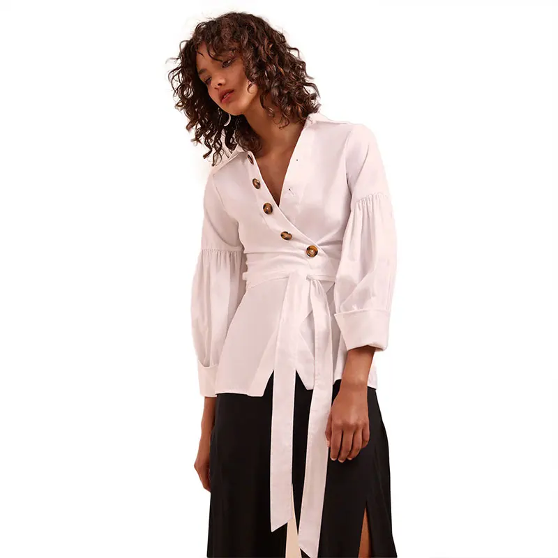 

Women Deep V Neck White Kimono Asymmetric Blouse Female Bottom Bishop Sleeve Shirt Simple Grace Chiffon Tops