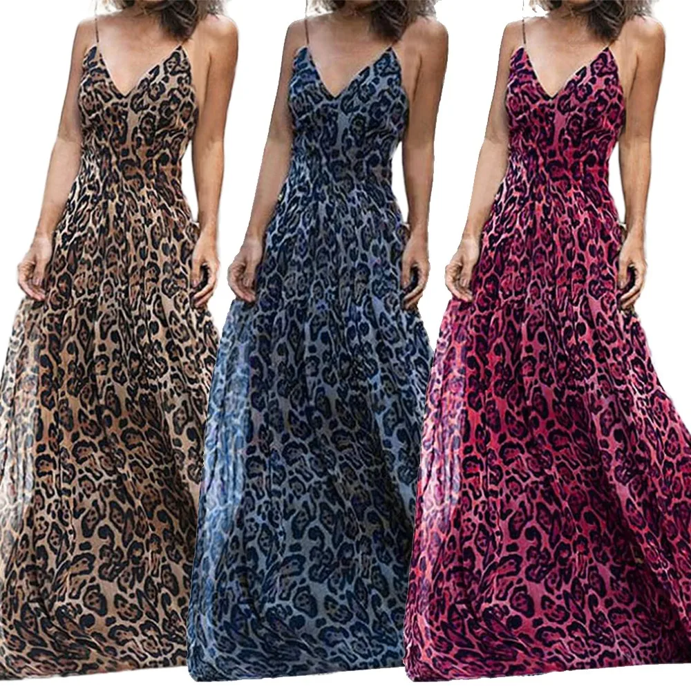 

2019 hot sales Women's Sexy A-Line Sleeveless Leopard Dress Floor-Length Leopard Print High Waist V-Neck Knee-Length Dress sexy
