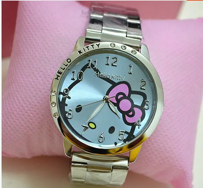HelloKitty часы Женское платье часы рисунок «Hello Kitty» мультфильм часы Нержавеющая сталь часы Для женщин со стразами часы Дети reloj mujer