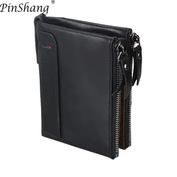 

PinShang Genuine Wallet Cowhide Leather Men Wallets Double Zipper Short Purse Coin Pockets Anti RFID Card Holders Wallet Men Z40