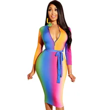 Big Size S-XXXL Rainbow Tie-Dye Print Sexy Bandage Dress Women V Neck Long Sleeve Bodycon Dress Casual Pencil Party Dresses long sleeve tie dye dress
