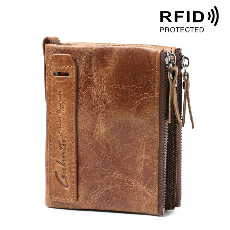 Retro Genuine Leather New RFID Mens Coin Purse Crazy Horse Double Zipper Wallet | Багаж и сумки