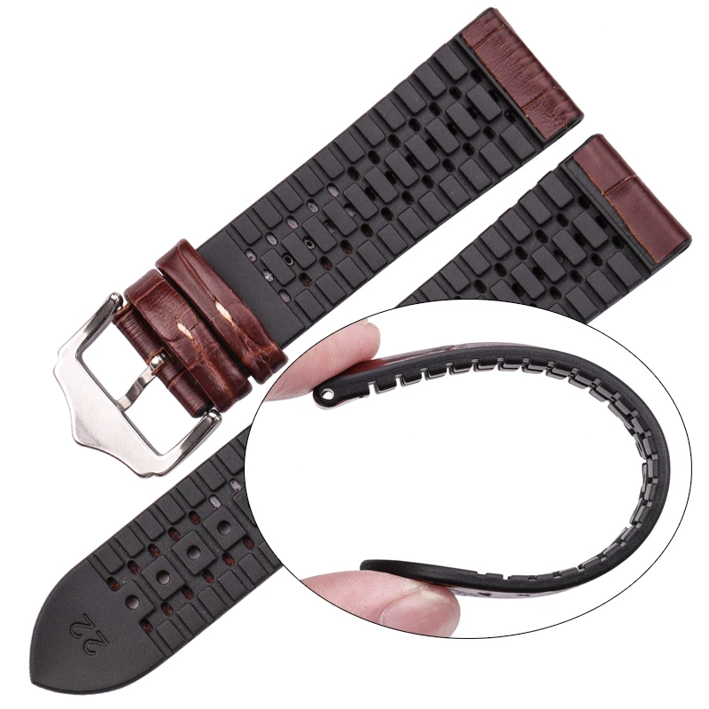 HENGRC воловья кожа и силиконовый ремешок Браслет 18 20 22 мм для мужчин и женщин водонепроницаемые дышащие Ремешки для наручных часов часы аксессуары