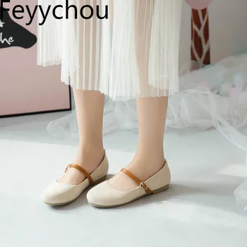 

Women's Pumps Low Heel Round Toe Buckle Strap 2018 Sexy New Fashion Spring Autumn Flock Party Wedding Shoes Beige Pink size34-43