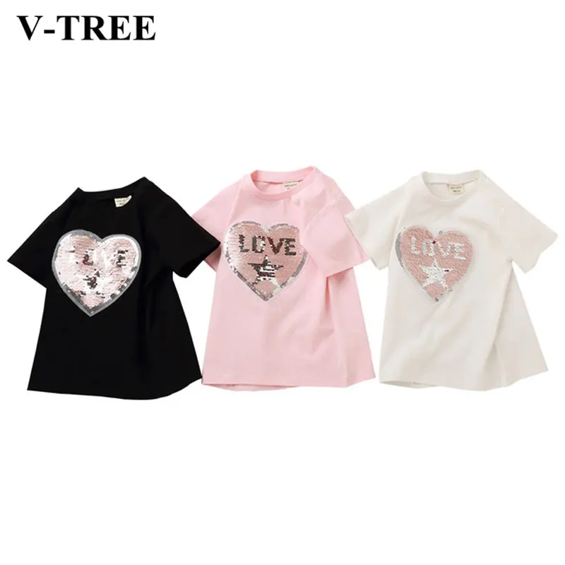 

2019 Children's T-shirt Short-sleeved T-shirts For Girls Summer Casual Kids Tops Cartoon Print Baby Sequin Shirt Clothing