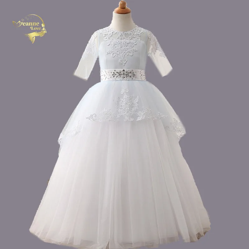 

Vestidos De Primera Comunion Jewel Half Sleeves Backless Ball Gowns Princess Lace Kids Flower Girls Dress 2 3 4 5 6 7 8 9 10Year