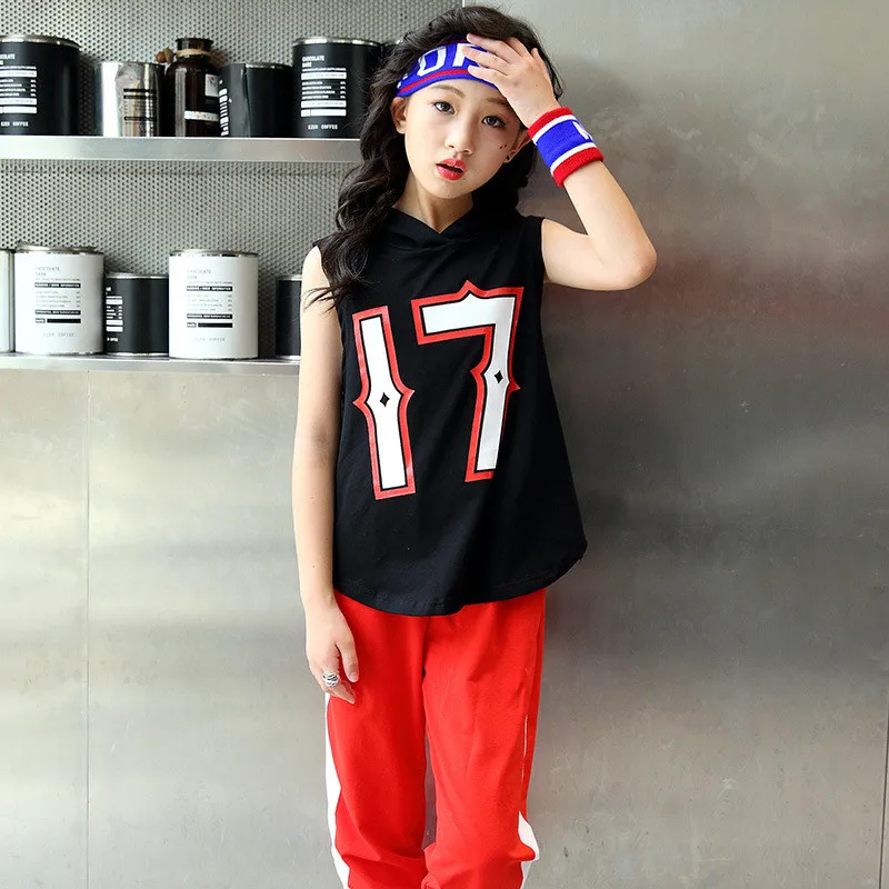 Girls Black long Hoodie Top Sleeveless Red Jogger Pants Jazz Hip Hop Dance Clothes For Kids Teen Girls Summer Sport Suits (1)