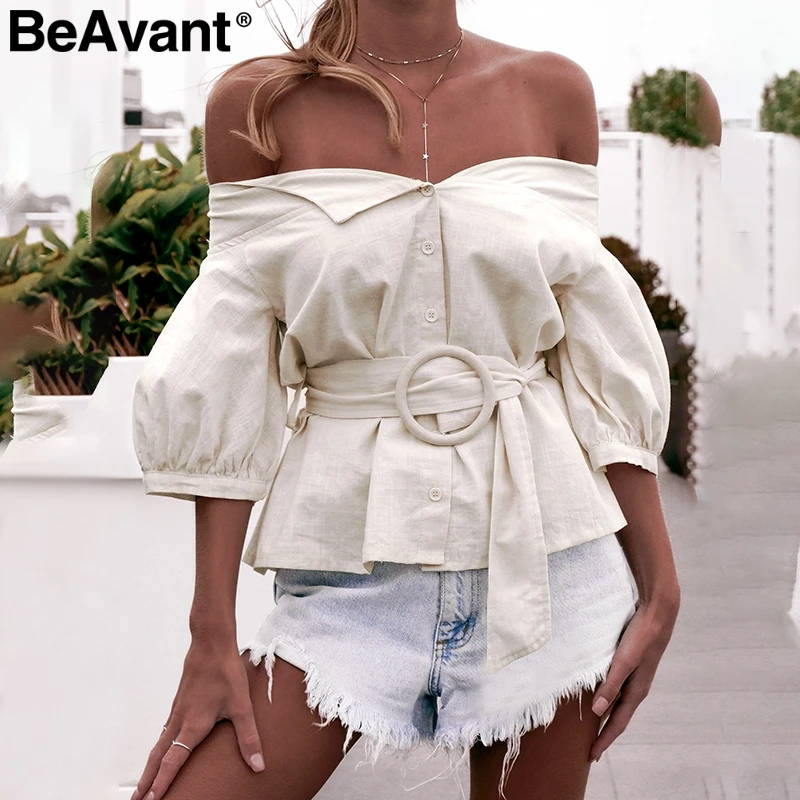 Женская блузка с открытыми плечами BeAvant винтажная хлопковая рукавом фонариком