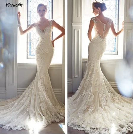 

2019 Country Style Sexy V Neck With Cap Sleeves Lace Beads Mermaid Charming Lace Wedding Dresses Bridal Gowns