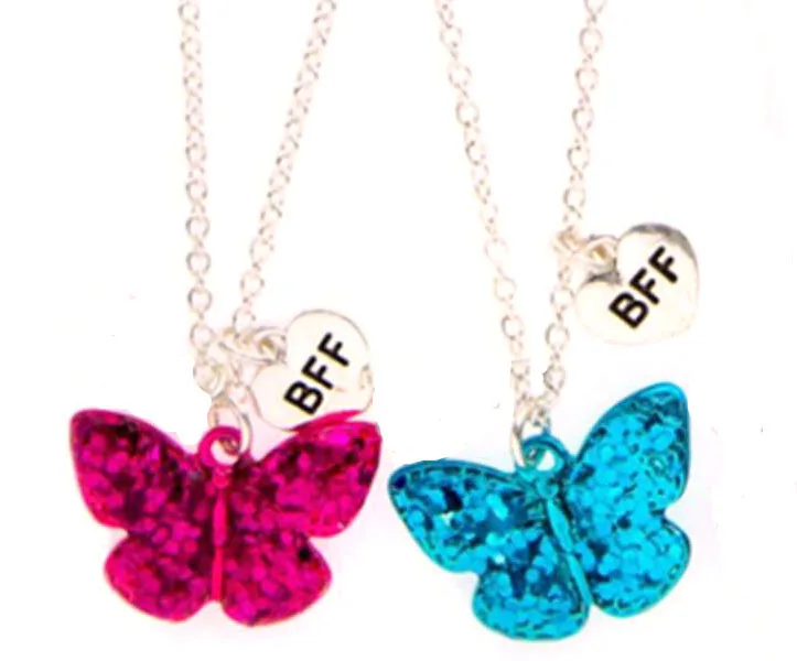 

Glitter Hot Pink Blue Butterfly bff 2 Shiny Pendant Necklace Best friends Friendship Jewelry Souvenir Gifts For Kids 2018
