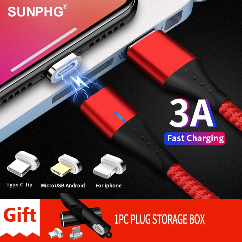 SUNPHG Mobile Phone 3A Magnetic Cable Charger 2m Micro USB Fast Charging Type C Data Cable for iPhone Lightning xs xr Samsung S9