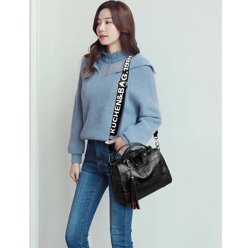  Wide Shoulder Strap Retro Women Handbags High Quality Leather Ladies Shoulder Bags Brand Tassel Lux - 33009969857