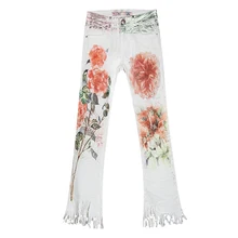 Новые летние повседневные женские синие белые цветочные узоры окрашенные стрейч кисточкой расклешенные джинсовые брюки, женские рваные джинсы брюки