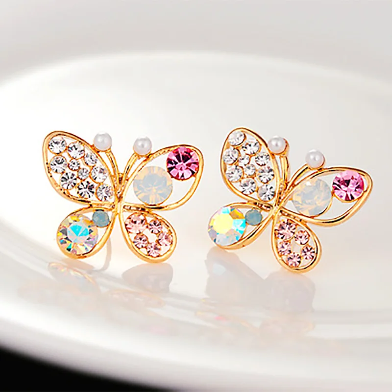 Crystal Simulated Pearl Butterfly Stud Earrings Gold Hollow Colorful Cubic Zirconia Rhinestone Women Earring Jewelry Accessory