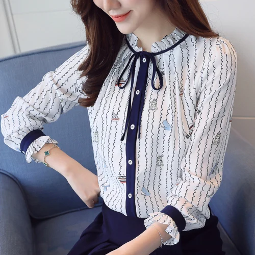 

Spring Korean Version Chiffon Women Shirt 2019 New Style Autumn Stand Collar Print Work Wear Female Fashion Slim Bottom Blouses