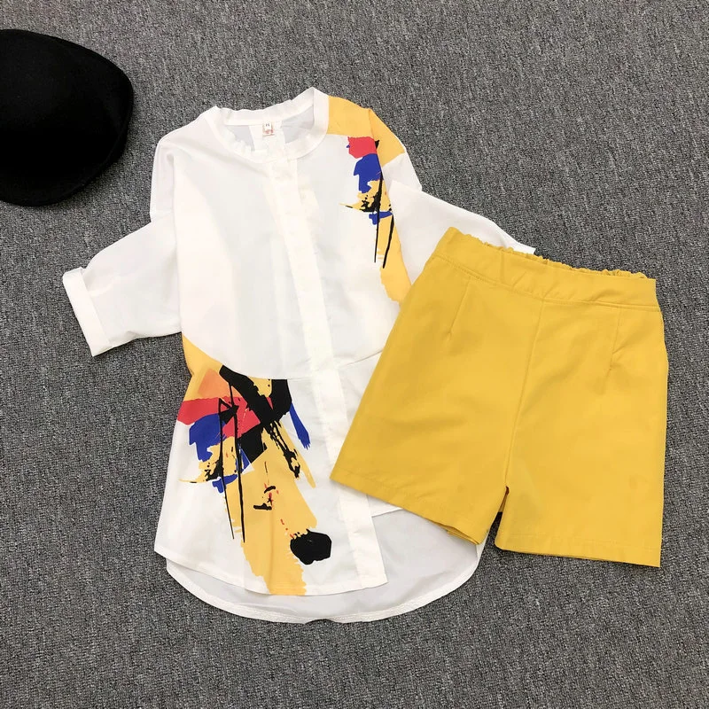 

2019 summer 2 pieces suits printed Irregular blouse shirt women tops + shorts set Women two piece set tracksuit