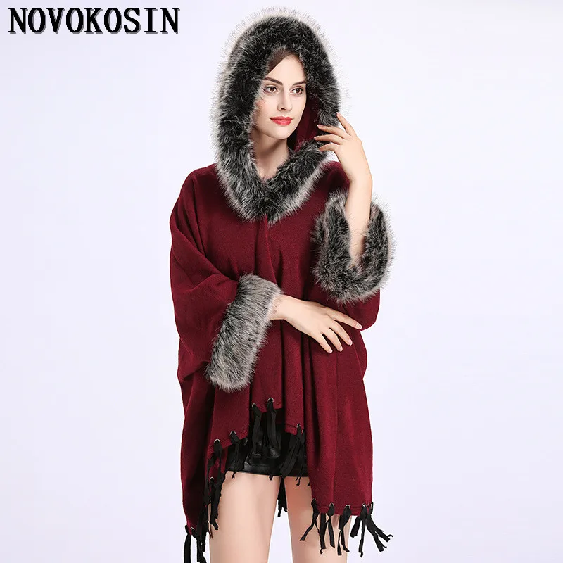 

Winter Warm Thick Long Sleeves Tassel Coat 2018 Poncho Women Casual Loose Faux Fur Plus Size Pullover With Faux Fur Hat