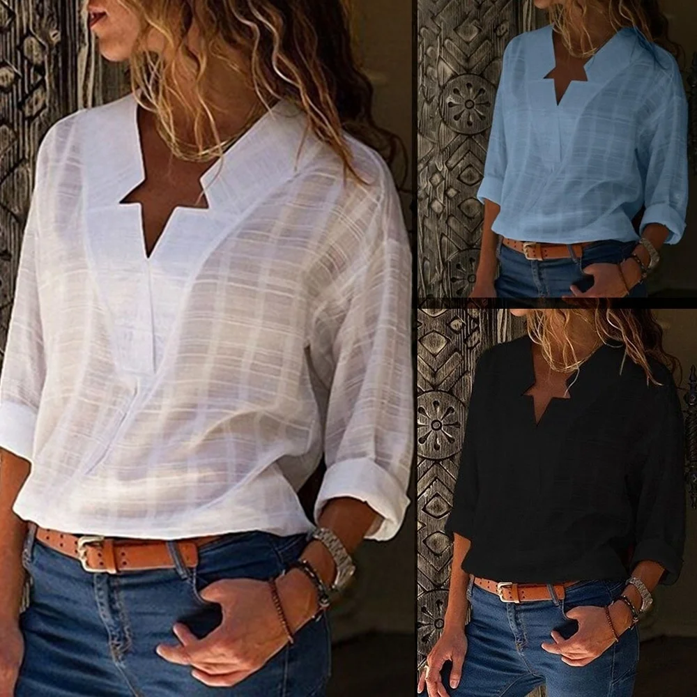 

S-5XL Plus Size Loose V-neck Long-sleeved Plaid Shirt Female Regular Autumn Blouse Blusas Mujer De Moda 2018