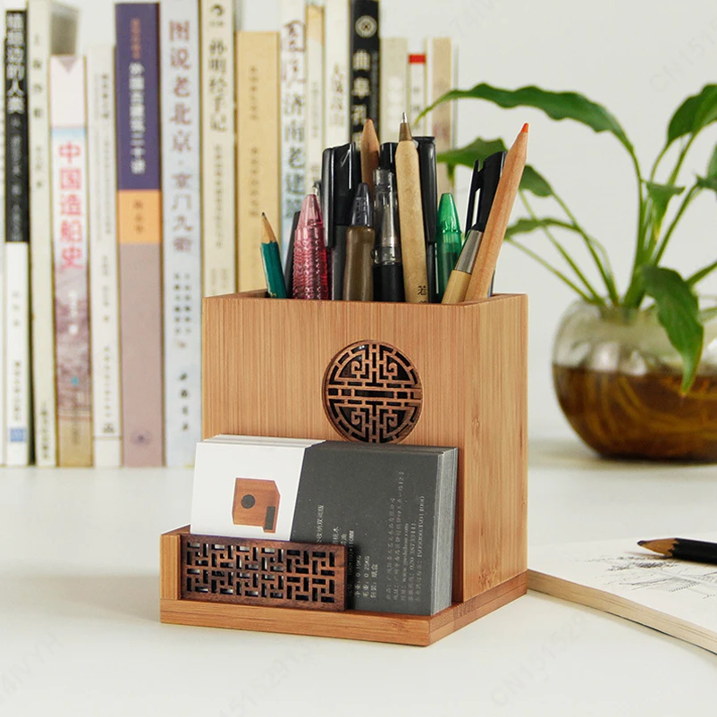 Бамбуковый полый дизайн, домашние офисные складские принадлежности, держатель для карандашей, органайзер для визиток, ретро органайзер для хранения дома и в офисе, коробка
