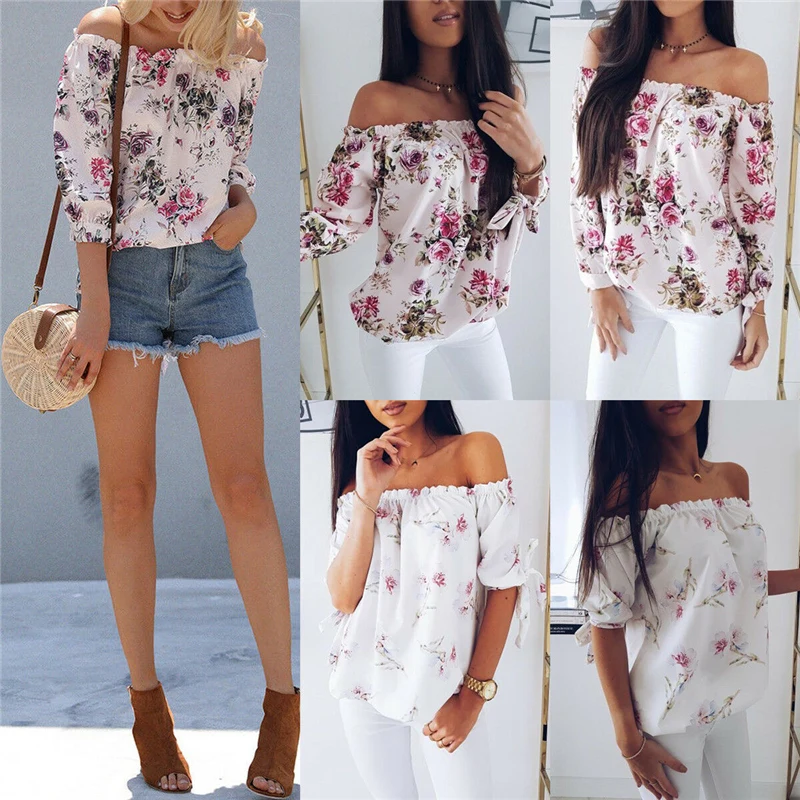 Women Off Shoulder elegant Floral Shirt Casual Blouse Tops Fashion Summer Top Long Sleeve Shirt Harajuku Printed Blusa Feminina