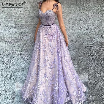 

Lavender Lilac Muslim Evening Dresses Lace A-Line Spaghetti Strap Appliques Beads Illusion Islamic Dubai Saudi Arabic Prom Dress