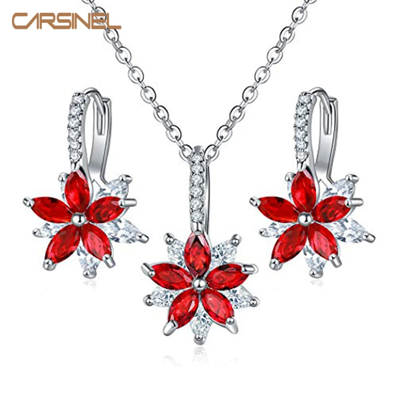 

CARSINEL Brand New Flower CZ Jewelry Sets Silver color Red Zircon Necklace&Earrings Wedding Jewelry For Women Wedding Party Sets