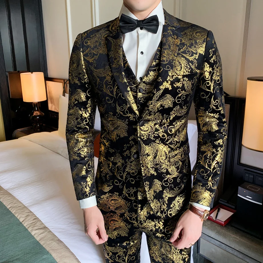 Мужские костюмы с бронзовым дизайном и цветочным принтом 2019 роскошный свадебный