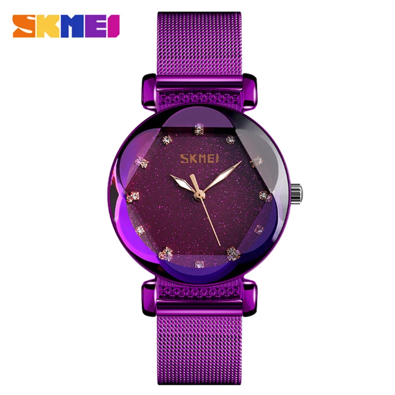 SKMEI модные роскошные женские хрустальные часы водостойкие розовое золото Сталь сетки кварцевые для женщин часы Лидирующий бренд часы Relogio Feminino - Цвет: purple steel