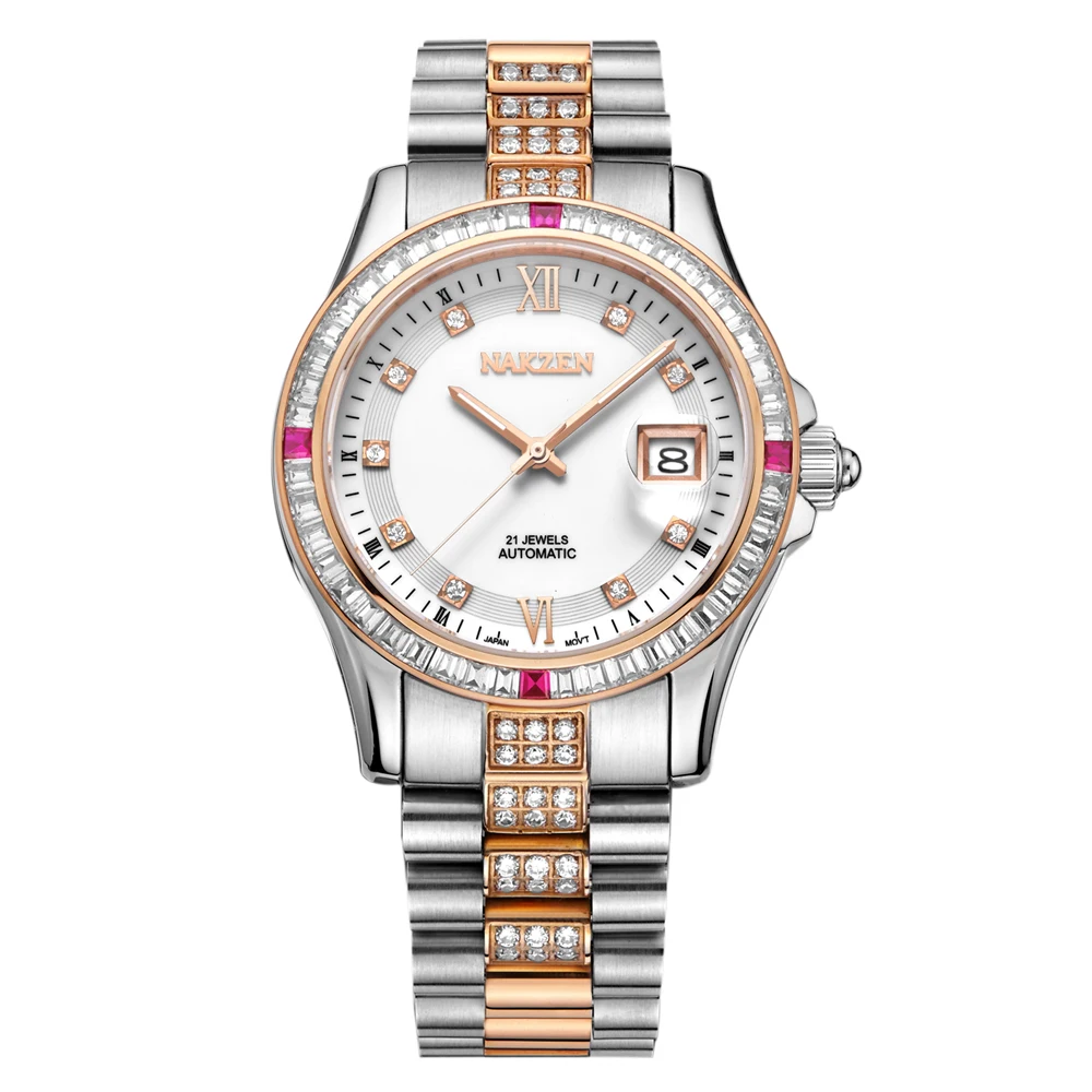 Мужские автоматические механические часы от бренда NAKZEN, роскошные часы с бриллиантами из нержавеющей стали, браслет 21 Jewels, японские мужские часы Miyota Move t