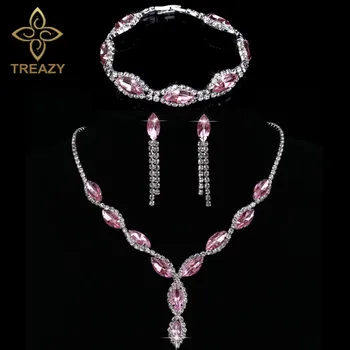 

Charm Pink Color Rhinestone Crystal Wedding Jewelry Set Leaves Tassel Choker Necklace Earrings Bracelet Set Bridal Jewelry Sets