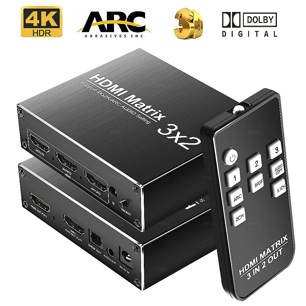 4K HDMI Matrix ARC HDR HDMI Switch Switcher with Remote Control 3 In 2