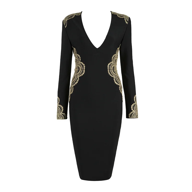 

Black red lace decorative bandages sexy long-sleeved deep v knee-length dress cocktail party dress wholesale and Dress + suit