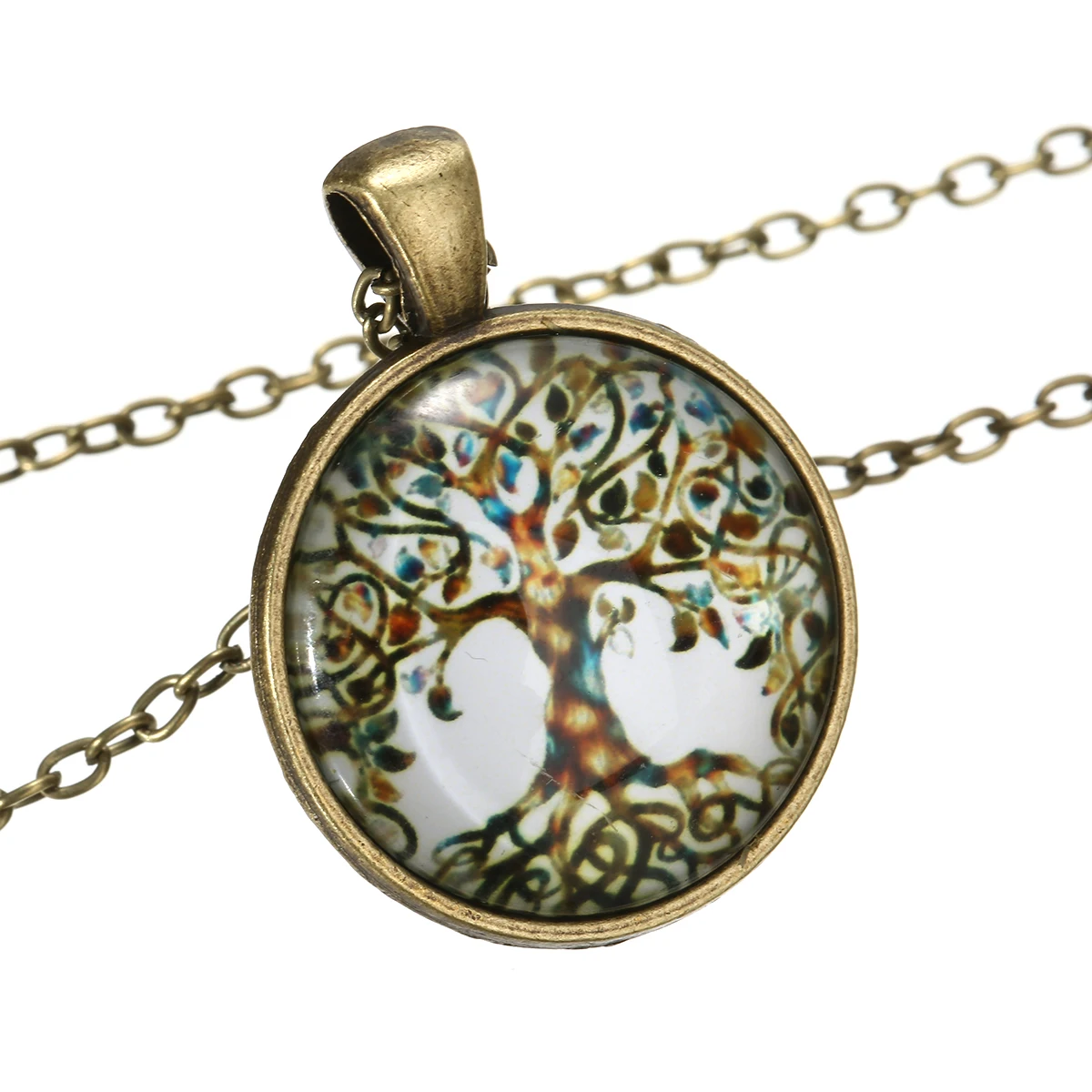 Retro Men Women Art Magnifying Glass Cabochon Tree of Life Pendant Bronze Sweater Chain Necklace Statement Jewelry Shellhard