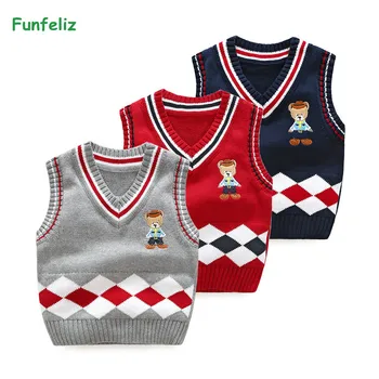 

Boys Sweater Autumn Winter 100% Cotton Kids Sweater Double Layer Children Vest Cartoon Bear Pullover Baby Boy Cardigan 2-9 Years