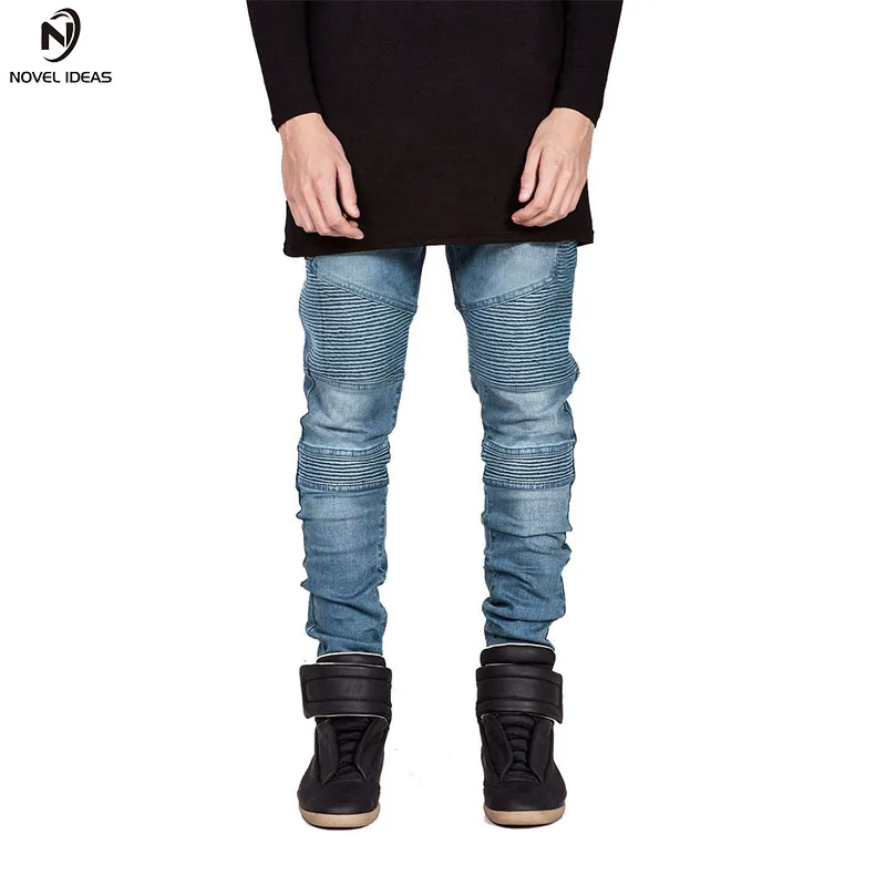 Mens Skinny Jeans Men Runway Distressed slim elastic jeans Denim Biker jeans Hip Hop pants Washed black jeans for men Blue