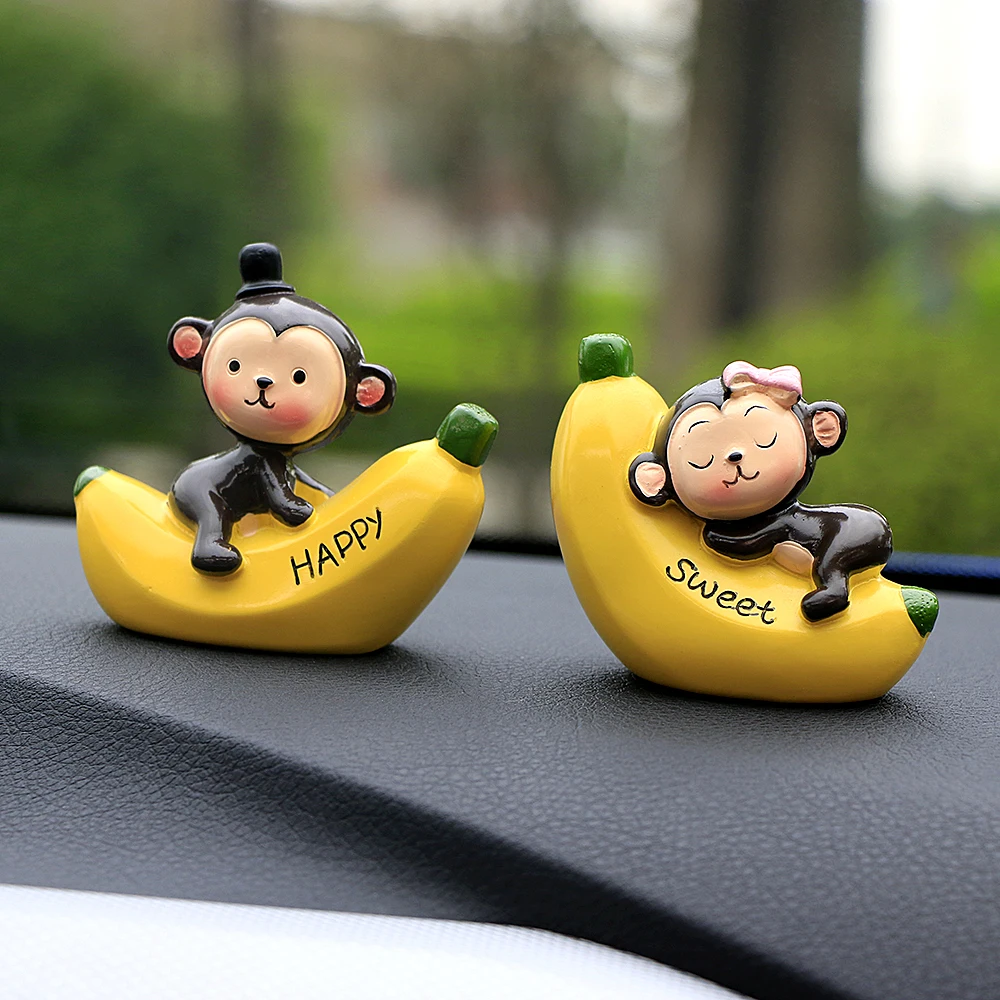 

Car Ornament 2pcs/set Cute Artificial Resin Sweet Monkey on Banana Figurines Craft Cartoon Decoration Decor Lovely Toys Gifts