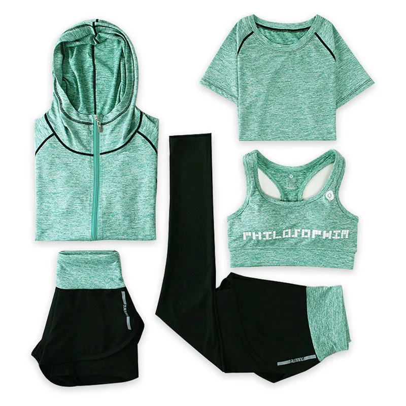Voobuyla, 5 шт., набор для йоги, женский набор для фитнеса, бега, футболка, штаны, дышащая одежда для спортзала, тренировки, сжатые Леггинсы для йоги, спортивный костюм - Цвет: Green