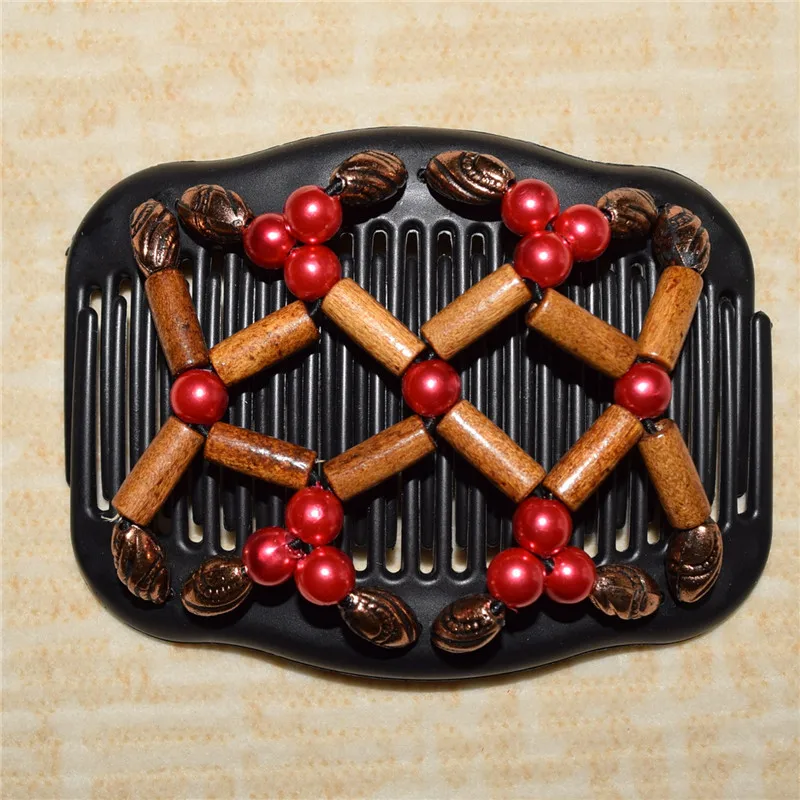 

small size Brown and red hot sale elastic beaded double twin headwear magic hair comb clips for thick hair 20 pcs/lot