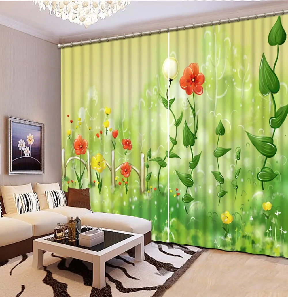 

green flower 3D Curtain Printing Blockout Polyester Photo Drapes Fabric For Room Bedroom