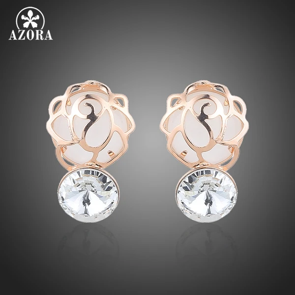 

AZORA Rose Gold Color Opal Stone cover with Hollow Flower and Clear Stellux Austrian Crystal Stud Earrings for Women TE0235