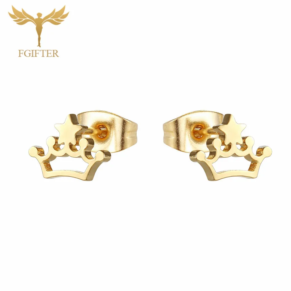 FGifter, 12 пар/лот, Золотая Корона, серьги для девочек, женщин, золотой цвет, нержавеющая сталь, ювелирные изделия, для рождественских девушек