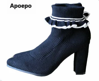 

Newest brand boots white black ruffles winter shoes high heels ankle boots for women stretch fabric boots Limited sales boots