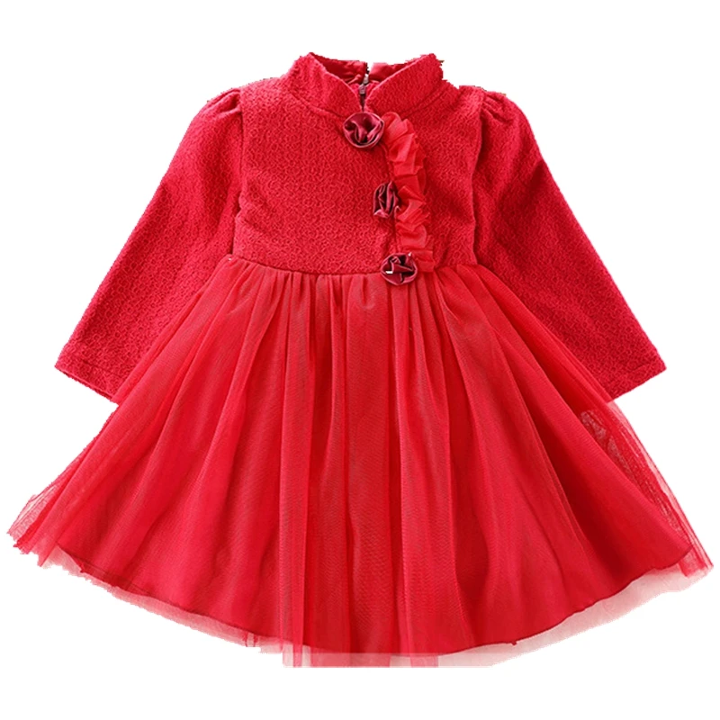 Рождественское платье для девочек; новогодние костюмы с аппликацией из трех цветов; элегантные зимние платья для девочек; красное платье принцессы