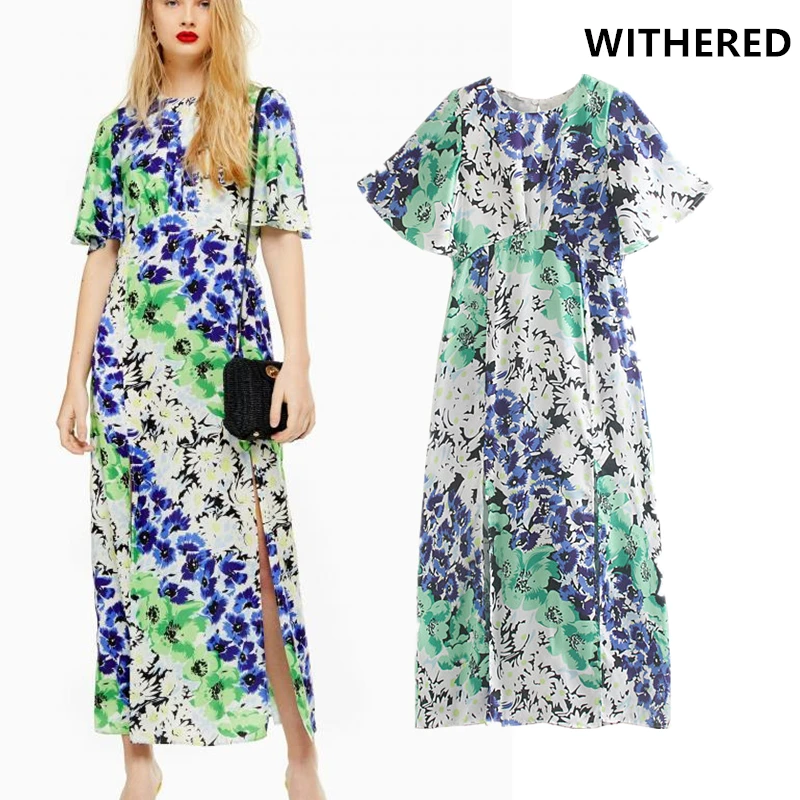 

Withered vintage holiday party dress women ink floral printing vestidos vestidos de fiesta de noche maxi dress long beach dress